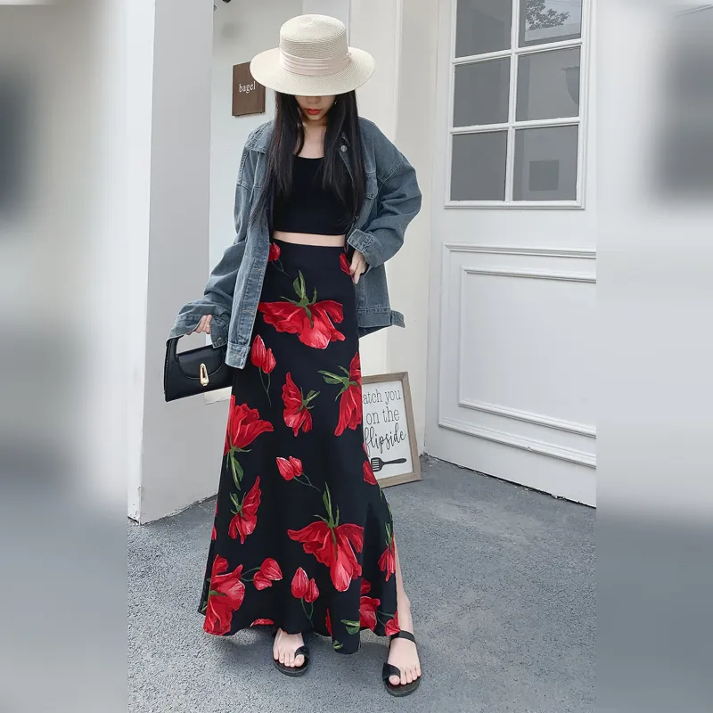 Wbwq Casual Long Skirts Women's Black Base Red Floral-4
