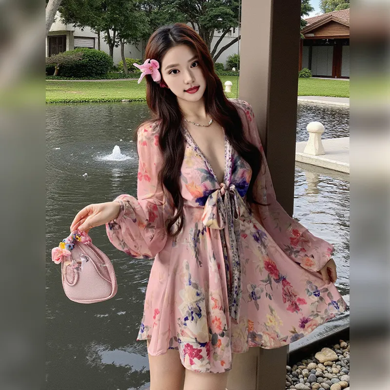 Wbwq Long Sleeved Dress Women's Pink Floral-2