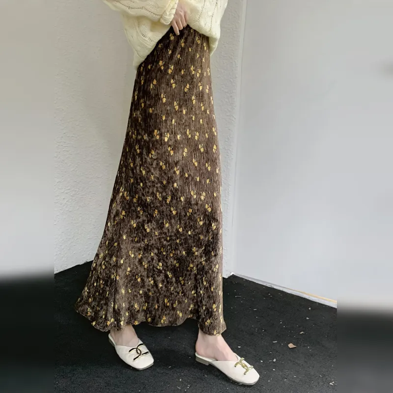 Wbwq Casual Long Skirts Women's Brown Base Floral-3