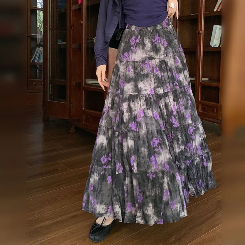 Wbwq Casual Long Skirt Women's Purple Floral-1