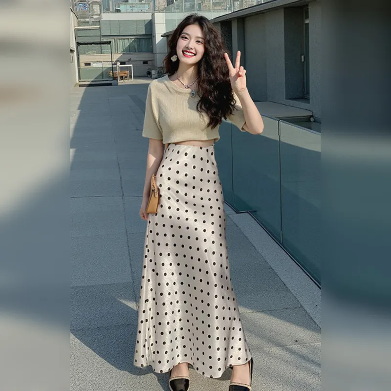 Wbwq Casual Long Skirt Women's White With Black Dot-3