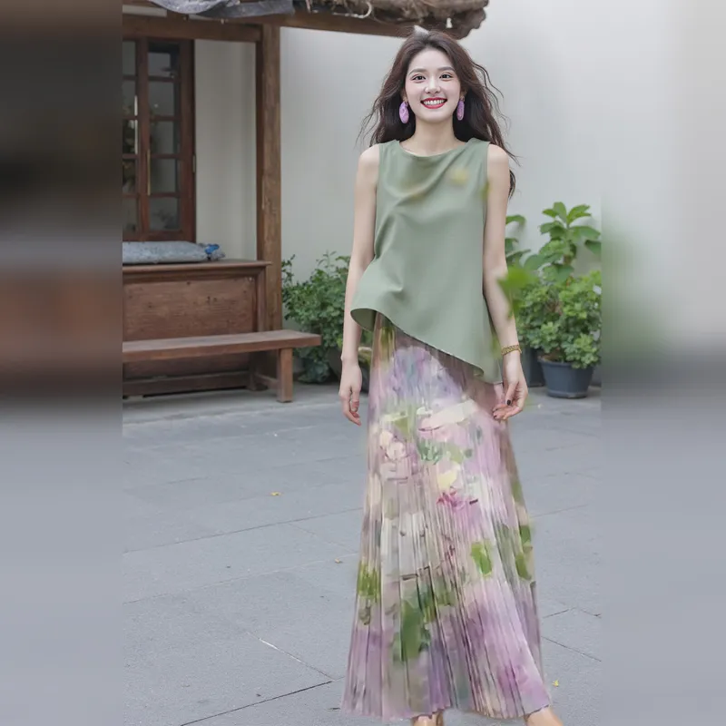 Wbwq Casual Long Skirt Women's Purple Floral-5