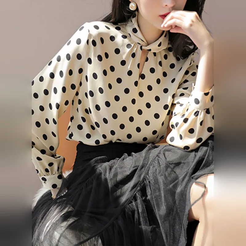 Wbwq Chiffon Shirt Women's Apricot Base With Black Circles-1