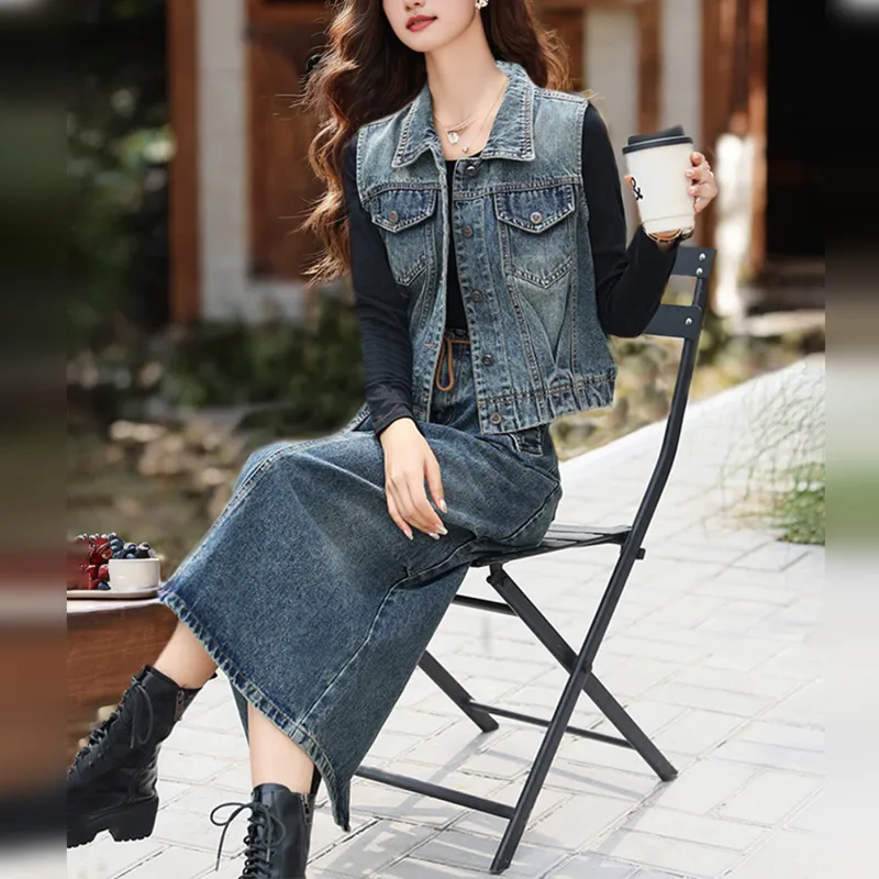 Wbwq Two Piece Skirt Sets Women's Blue Vest+Skirt-3