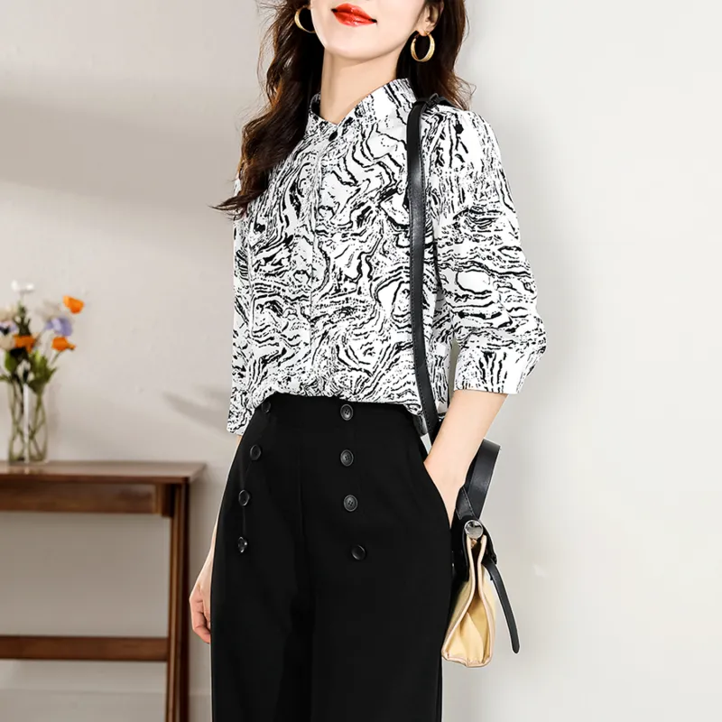 Wbwq Shirt Women's Black And White Floral-3