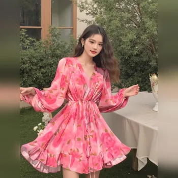 Wbwq Long Sleeved Dress Women's Pink Floral