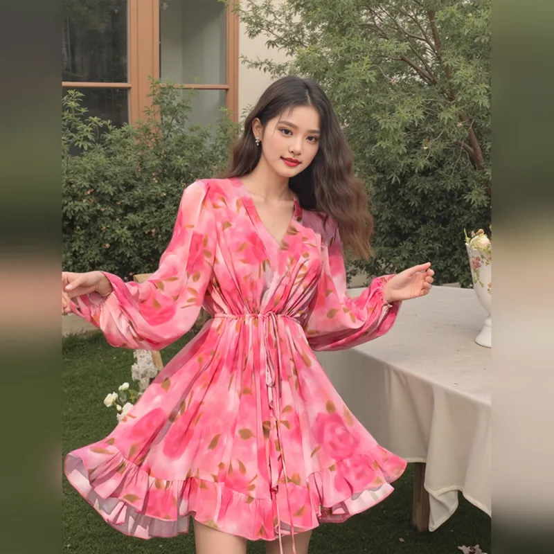 Wbwq Long Sleeved Dress Women's Pink Floral-1