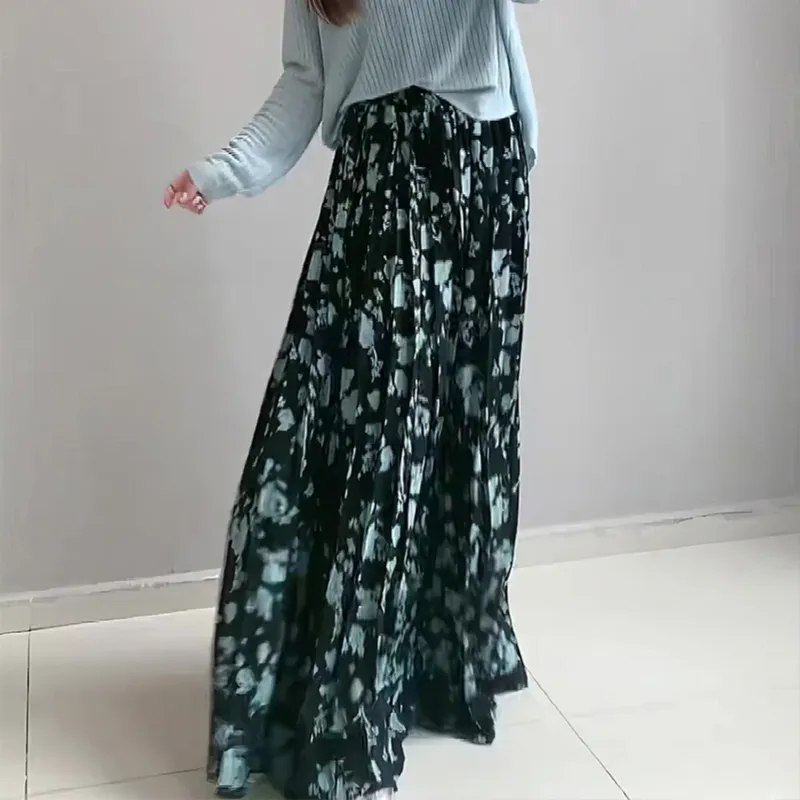 Wbwq Casual Long Skirt Women's Black Green Floral-2
