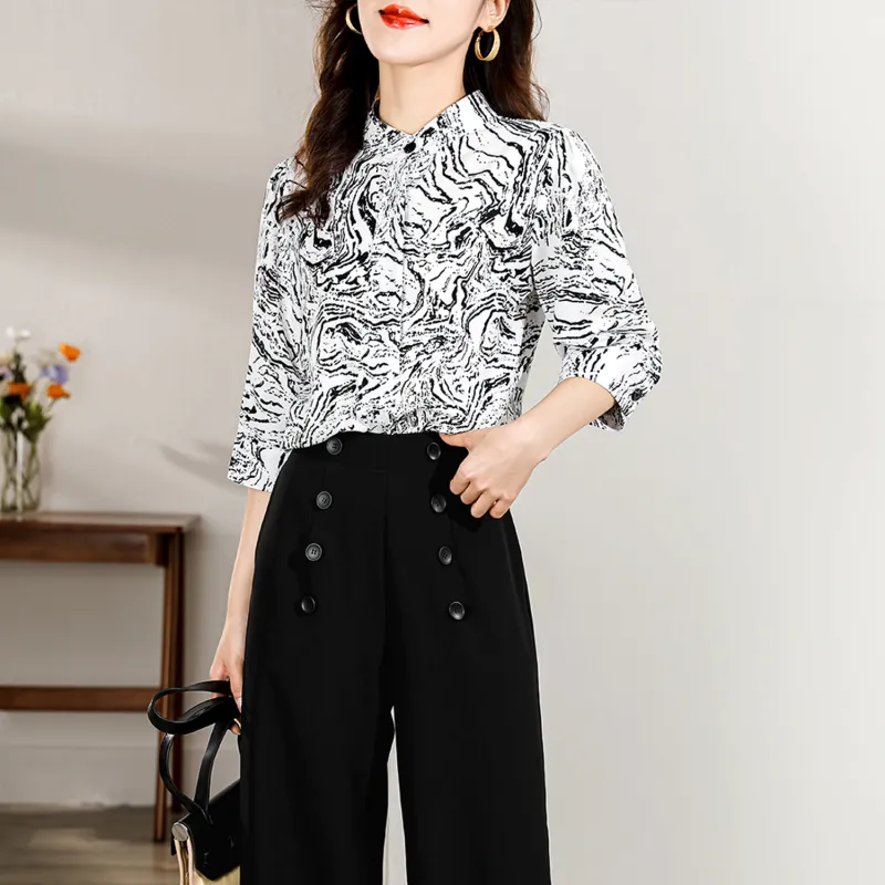 Wbwq Shirt Women's Black And White Floral-5