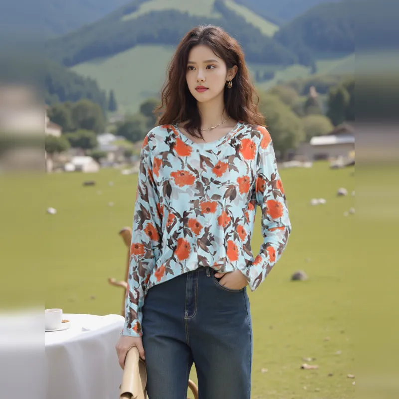 Wbwq T Shirt Women's Blue With Floral-1