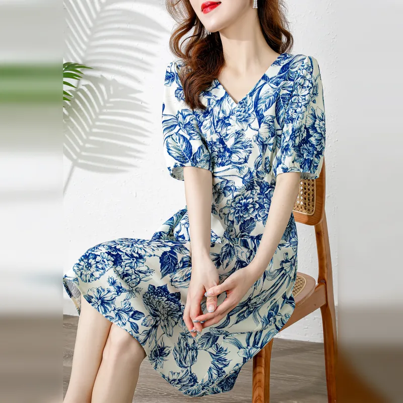 Wbwq Short Sleeved Dresses Women's Blue Floral-5