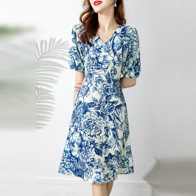 Wbwq Short Sleeved Dresses Women's Blue Floral-1