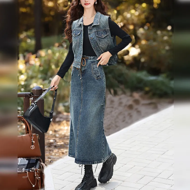 Wbwq Two Piece Skirt Sets Women's Blue Vest+Skirt-1