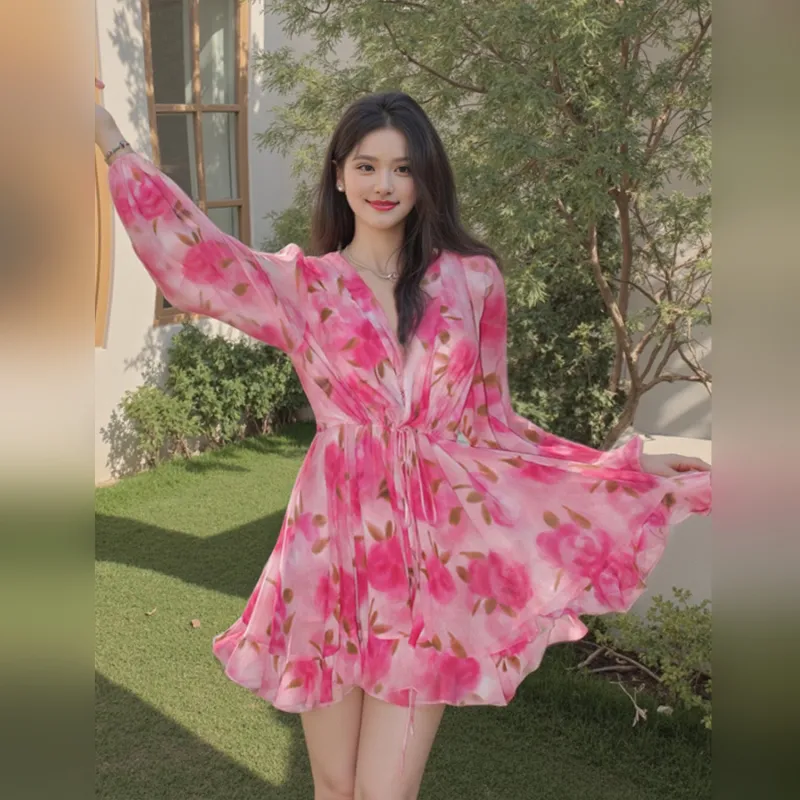 Wbwq Long Sleeved Dress Women's Pink Floral-3