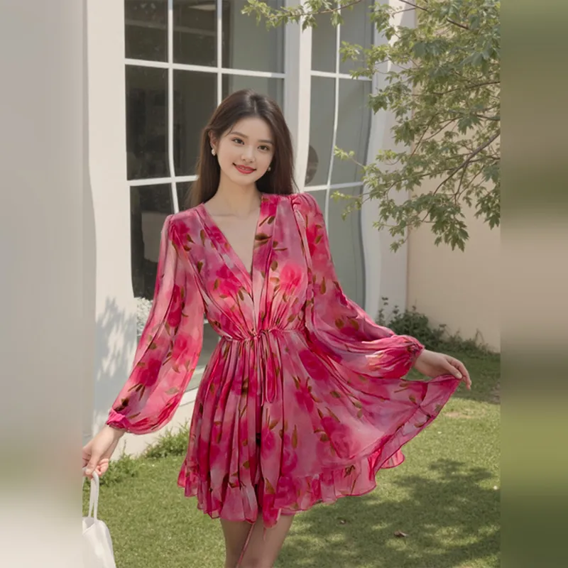 Wbwq Long Sleeved Dress Women's Pink Floral-4