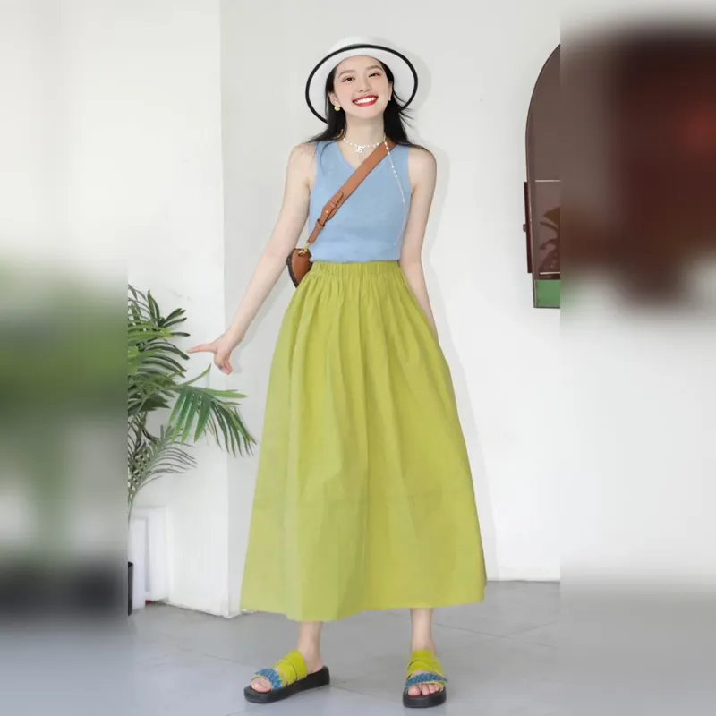 Wbwq Casual Long Skirts Women's Lime Green-2