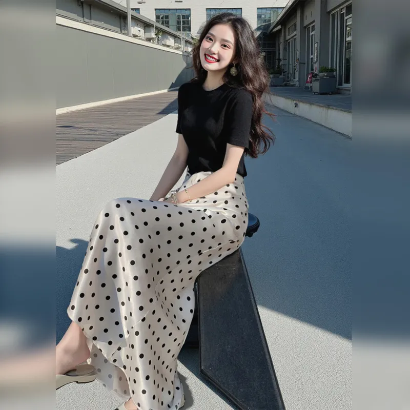 Wbwq Casual Long Skirt Women's White With Black Dot-5