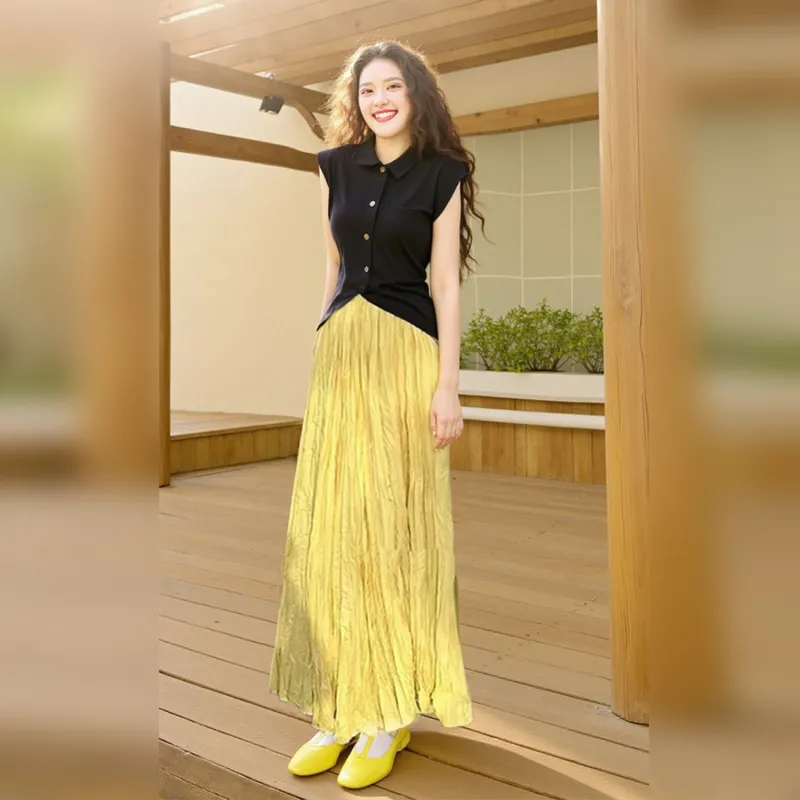 Wbwq Casual Long Skirts Women's Yellow-2
