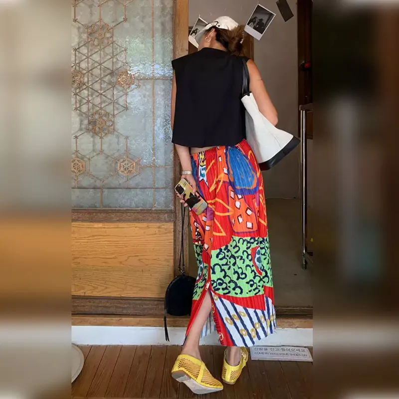 Wbwq Casual Long Skirt Women's Red Floral-5