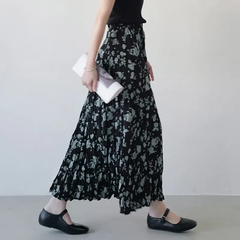 Wbwq Casual Long Skirt Women's Black Green Floral-4