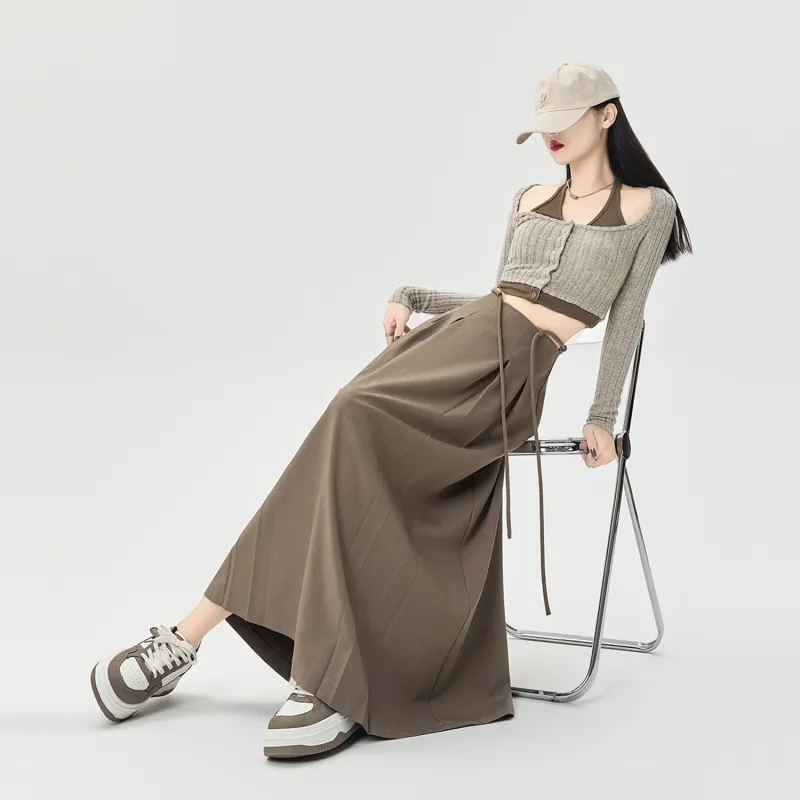 Wbwq Casual Long Skirts Women's Khaki-2
