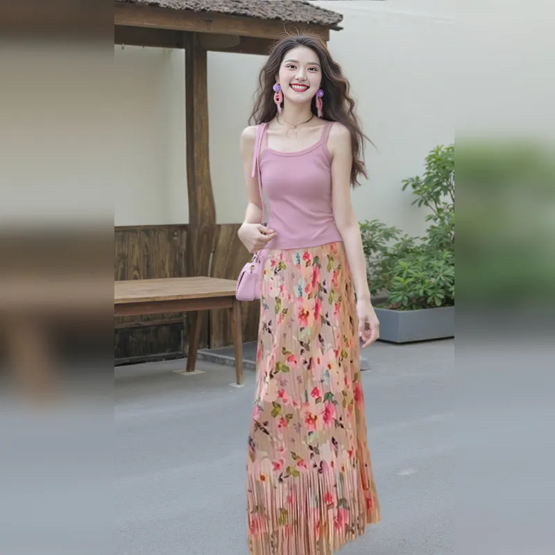 Wbwq Casual Long Skirt Women's Pink Floral-1