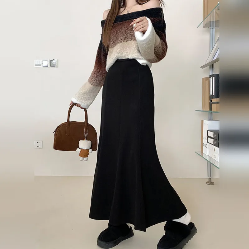 Wbwq Casual Long Skirt Women's Black-5