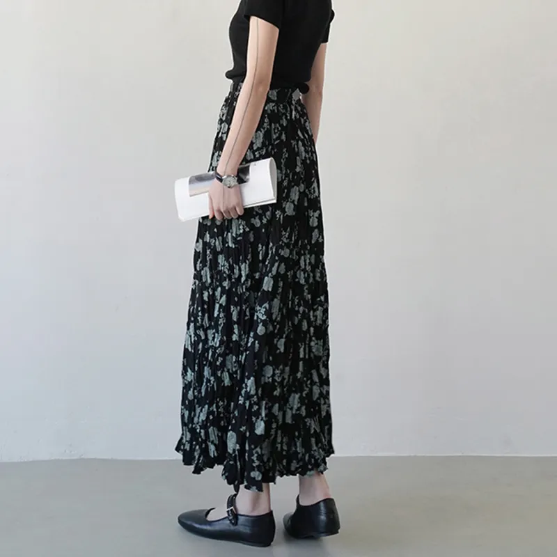 Wbwq Casual Long Skirt Women's Black Green Floral-3