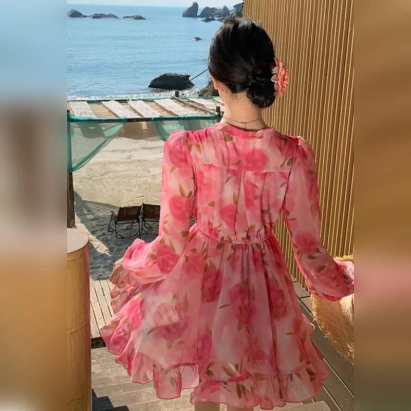 Wbwq Long Sleeved Dress Women's Pink Floral-5