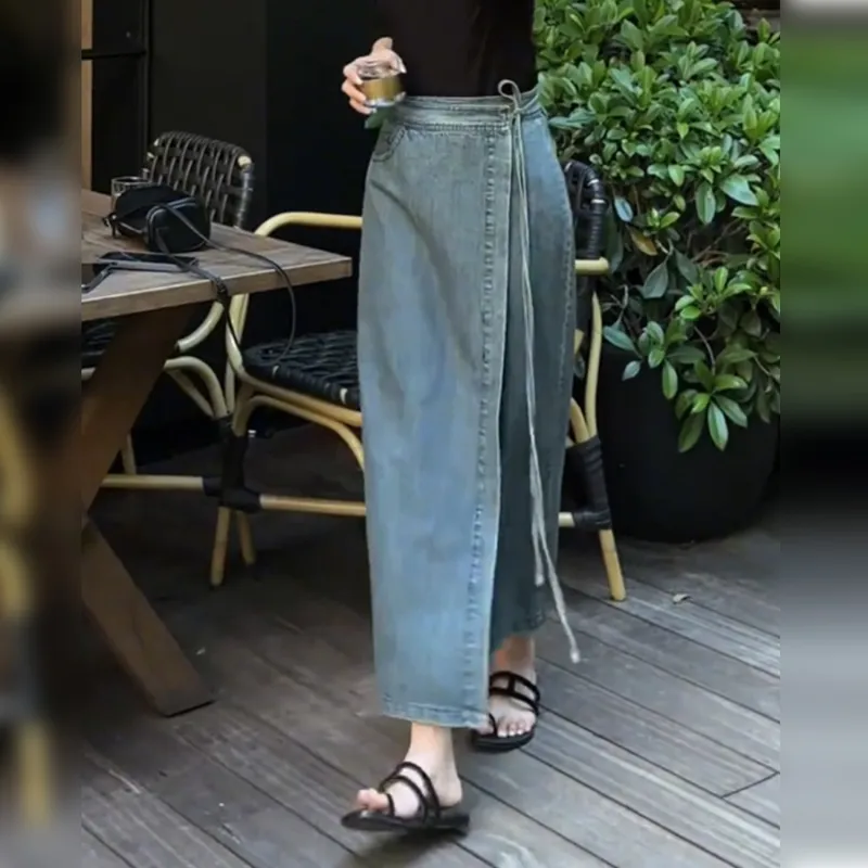 Wbwq Denim Long Skirt Women's Blue-3