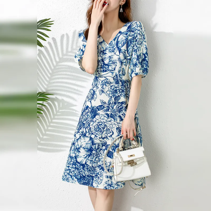 Wbwq Short Sleeved Dresses Women's Blue Floral-6