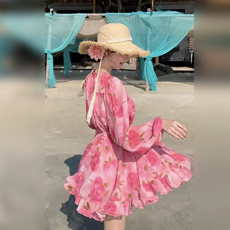 Wbwq Long Sleeved Dress Women's Pink Floral-6