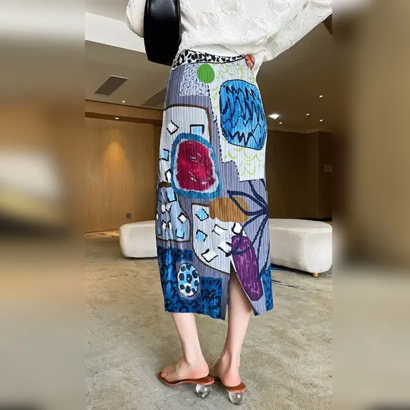 Wbwq Casual Long Skirt Women's Blue Gray Floral Pattern-4
