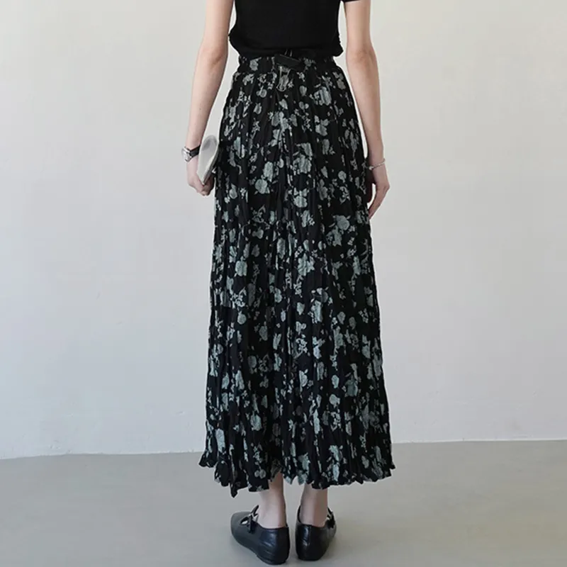 Wbwq Casual Long Skirt Women's Black Green Floral-1
