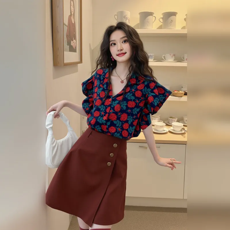 Wbwq Shirts Women's Blue With Red Floral-3