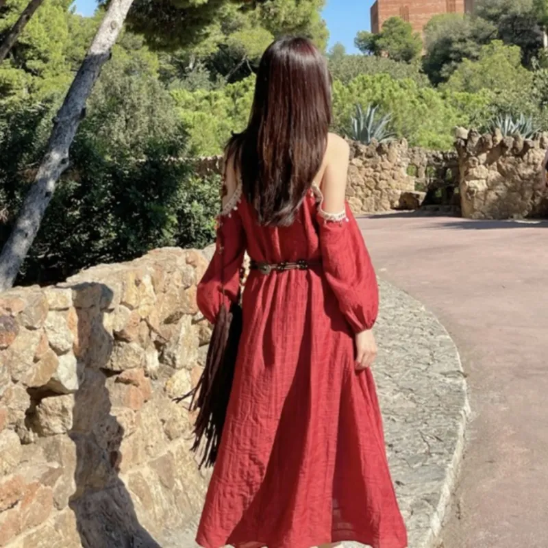 Wbwq Long Sleeved Dress Women's Maroon-1