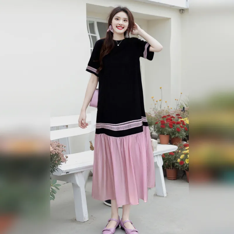 Wbwq Short Sleeved Dress Women's Black & Purple-2
