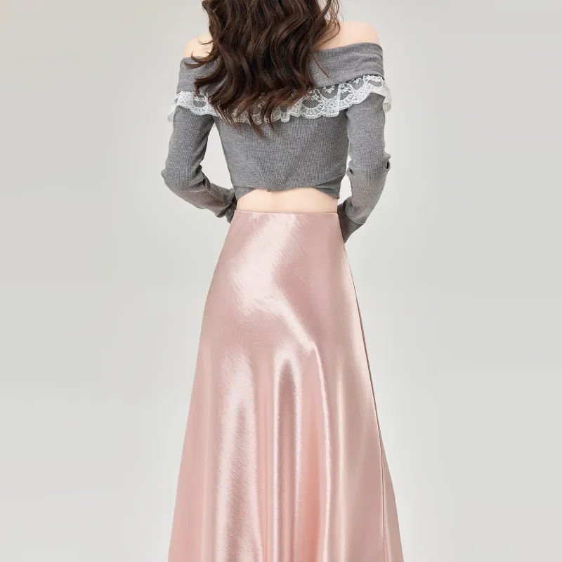 Wbwq Casual Long Skirt Women's Pink-2