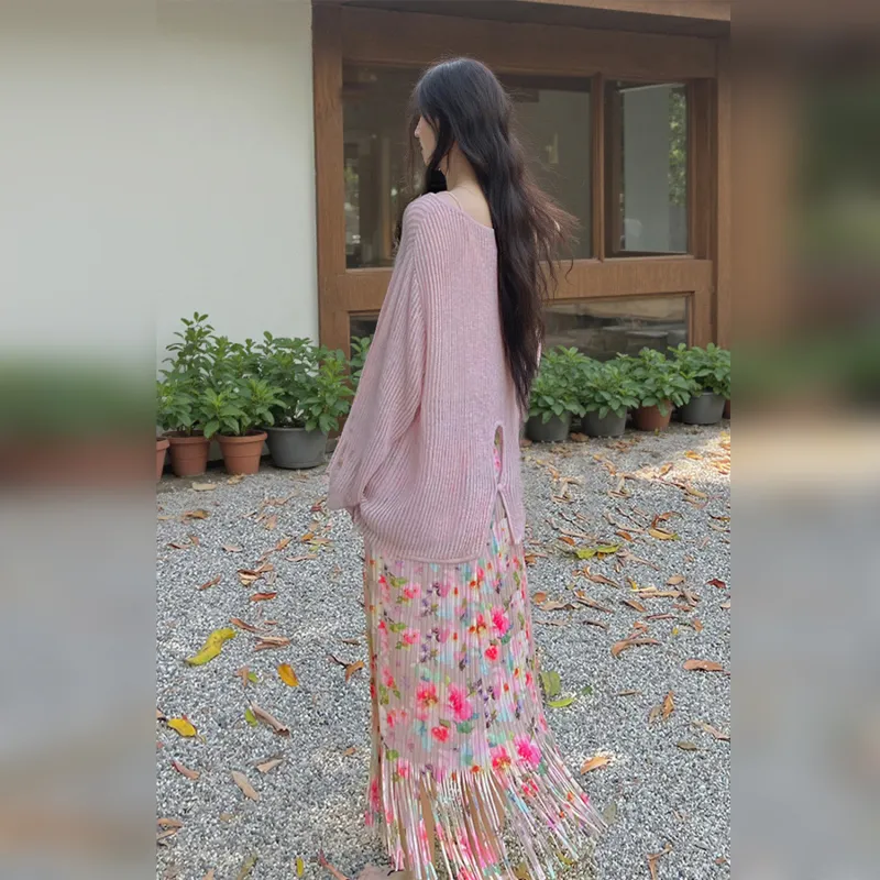 Wbwq Casual Long Skirt Women's Pink Floral-4