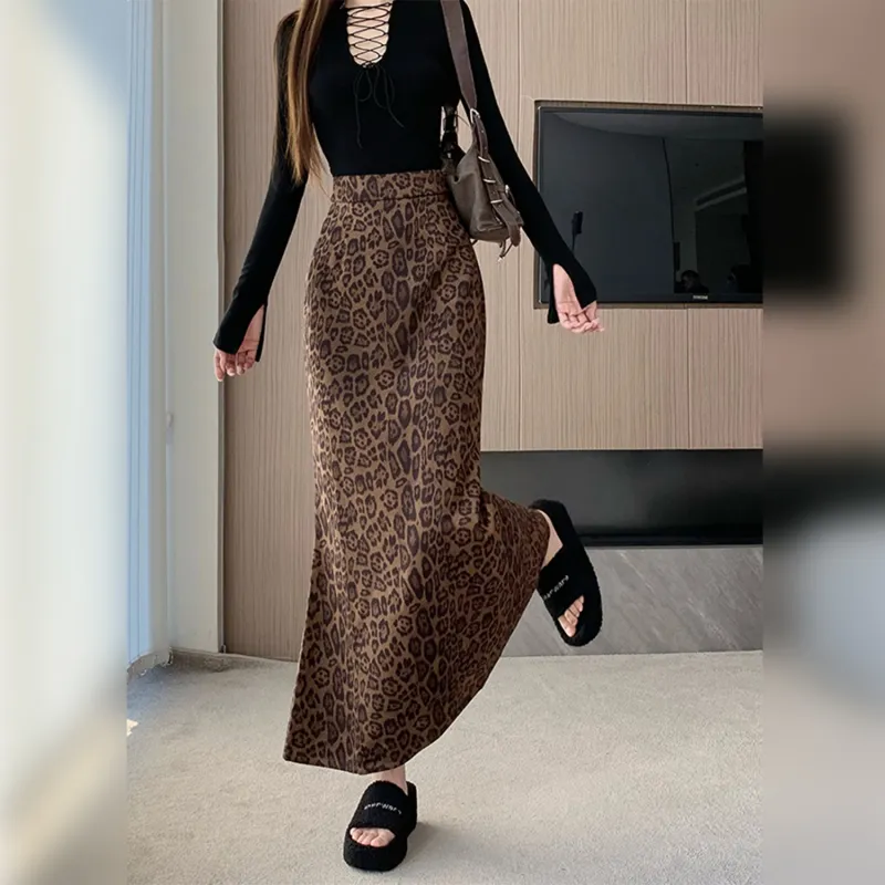 Wbwq Casual Long Skirts Women's Leopard Print-4