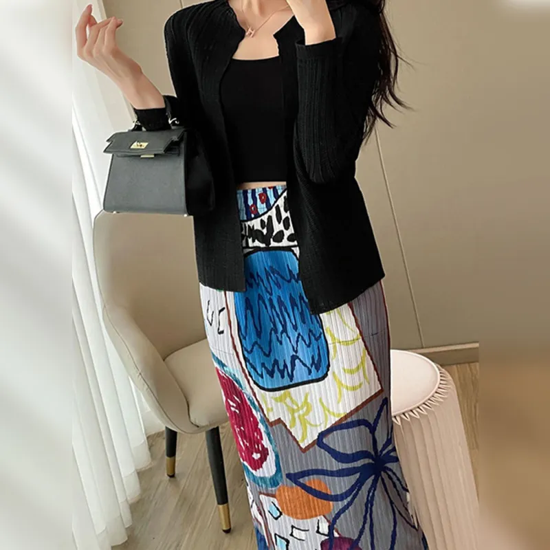 Wbwq Casual Long Skirt Women's Blue Gray Floral Pattern-0