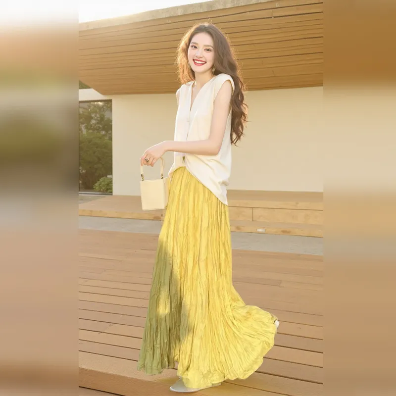 Wbwq Casual Long Skirts Women's Yellow-3