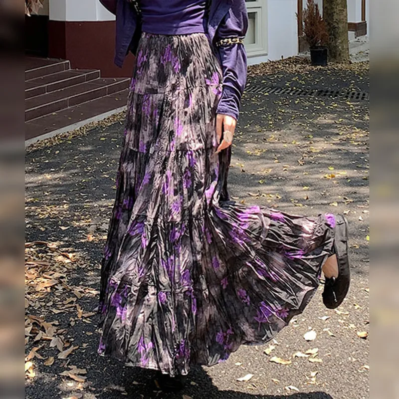 Wbwq Casual Long Skirt Women's Purple Floral-6