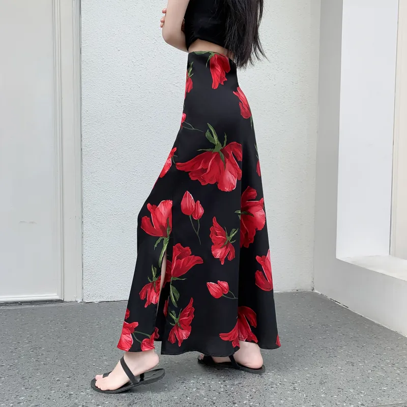 Wbwq Casual Long Skirts Women's Black Base Red Floral-2