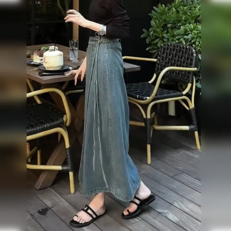 Wbwq Denim Long Skirt Women's Blue-4