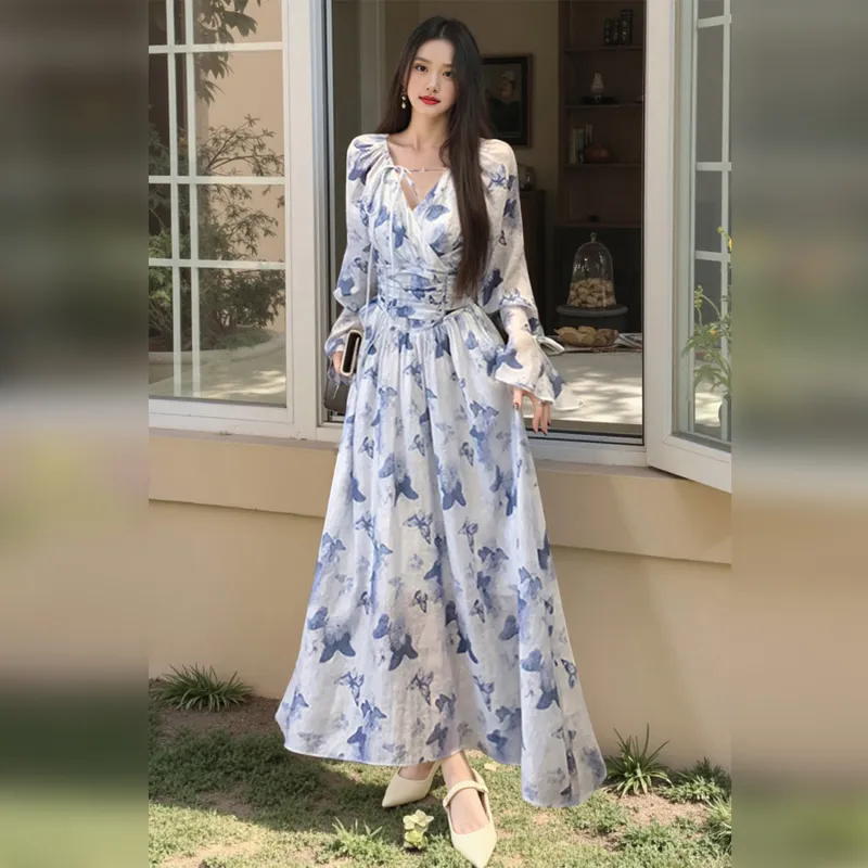 Wbwq Long Sleeved Dress Women's Blue Floral-2