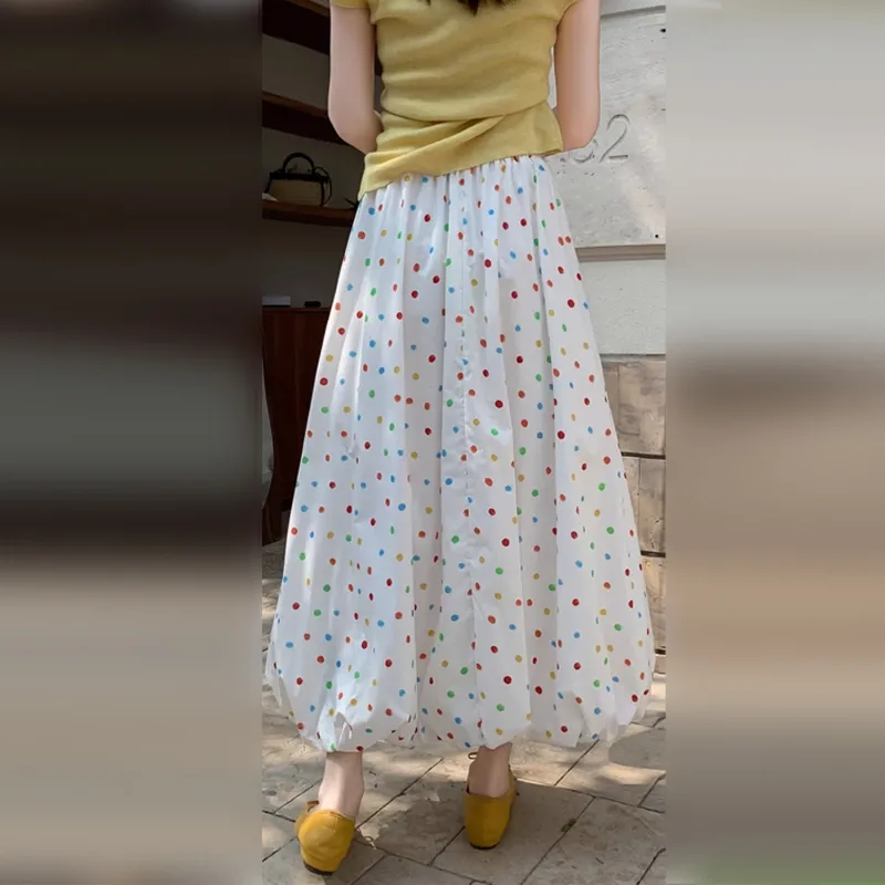Wbwq Casual Long Skirts Women's White Base Multicolor Dots-1