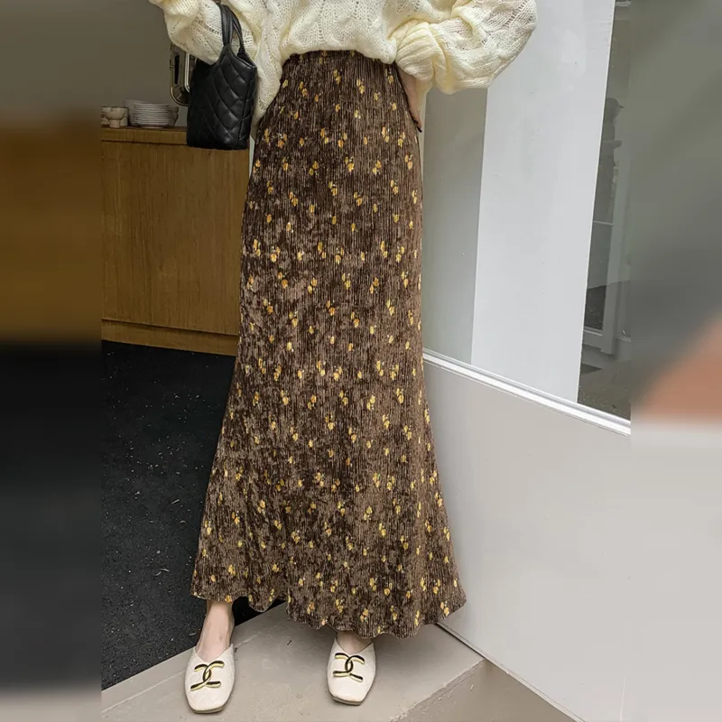 Wbwq Casual Long Skirts Women's Brown Base Floral-1