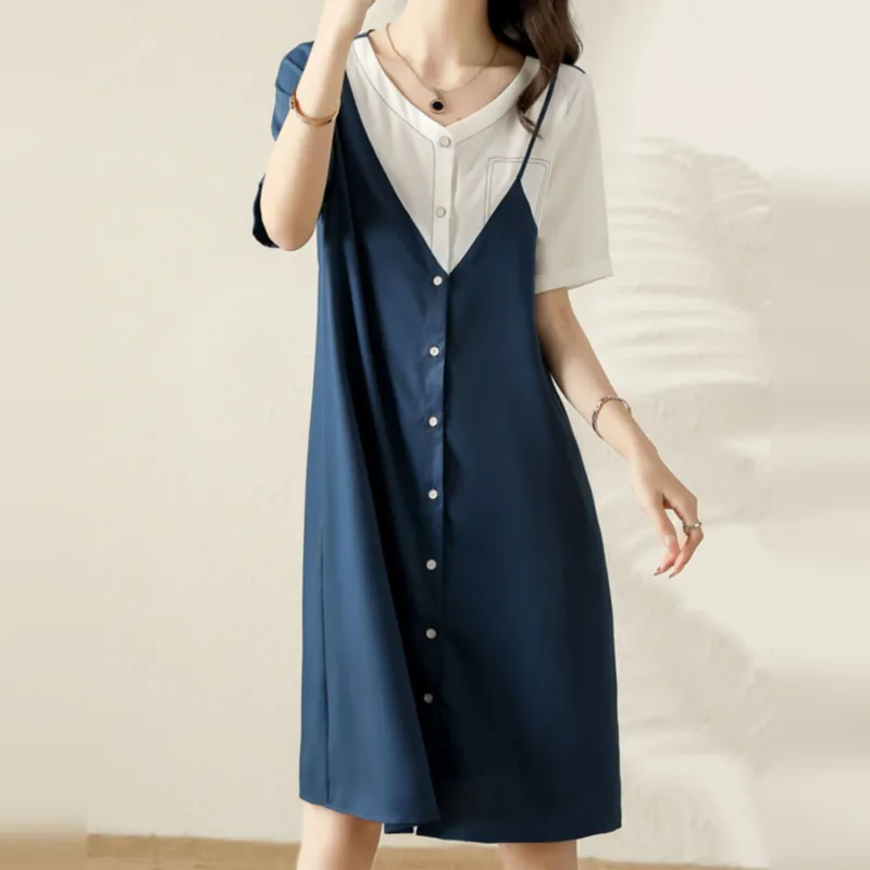 Wbwq Short Sleeved Dress Women's Blue & White-3