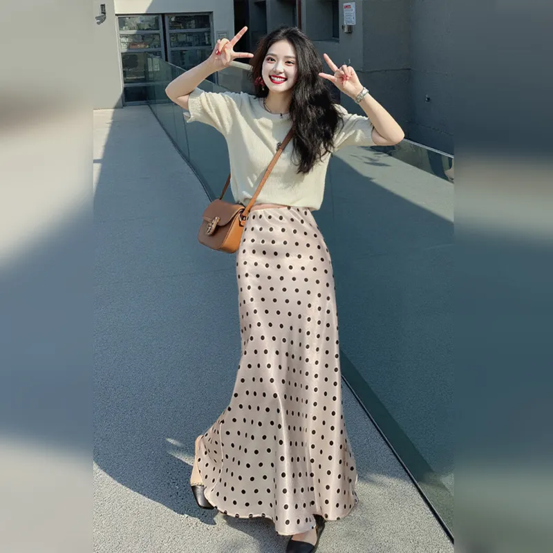 Wbwq Casual Long Skirt Women's White With Black Dot-4